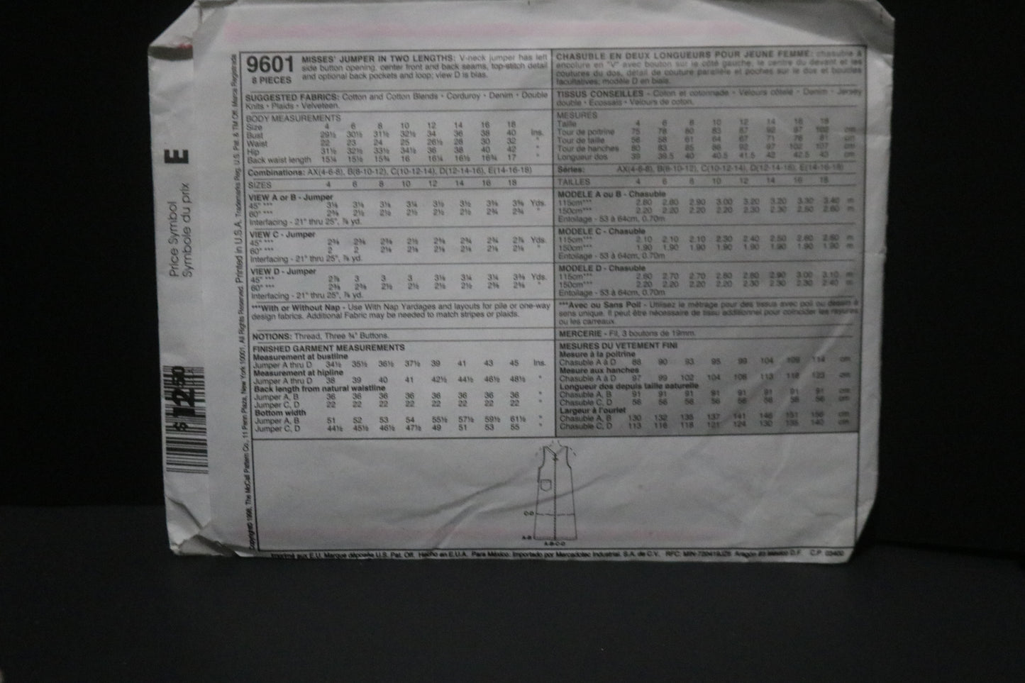 McCalls 9601  MIsses Jumper Sewing Pattern - UNCUT - Size 8 10 12