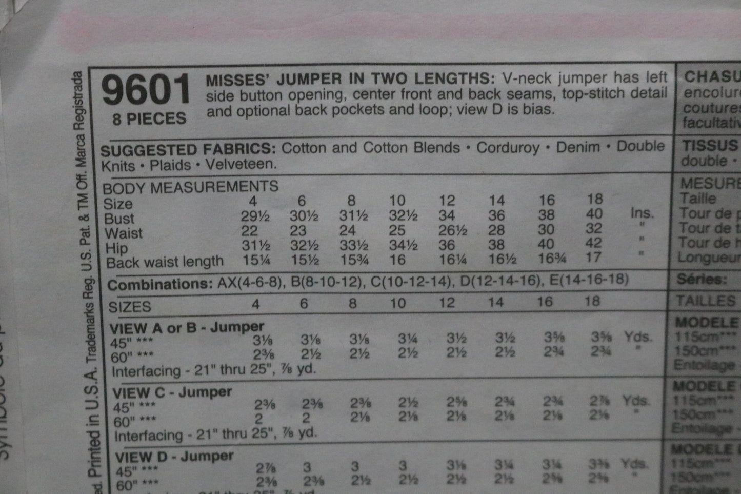 McCalls 9601  MIsses Jumper Sewing Pattern - UNCUT - Size 8 10 12