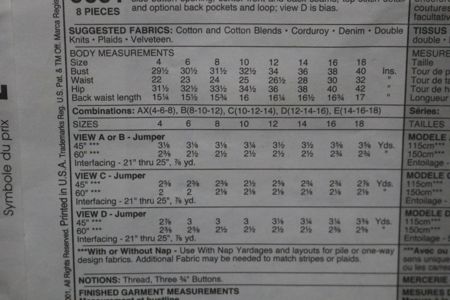 McCalls 9601  MIsses Jumper Sewing Pattern - UNCUT - Size 8 10 12