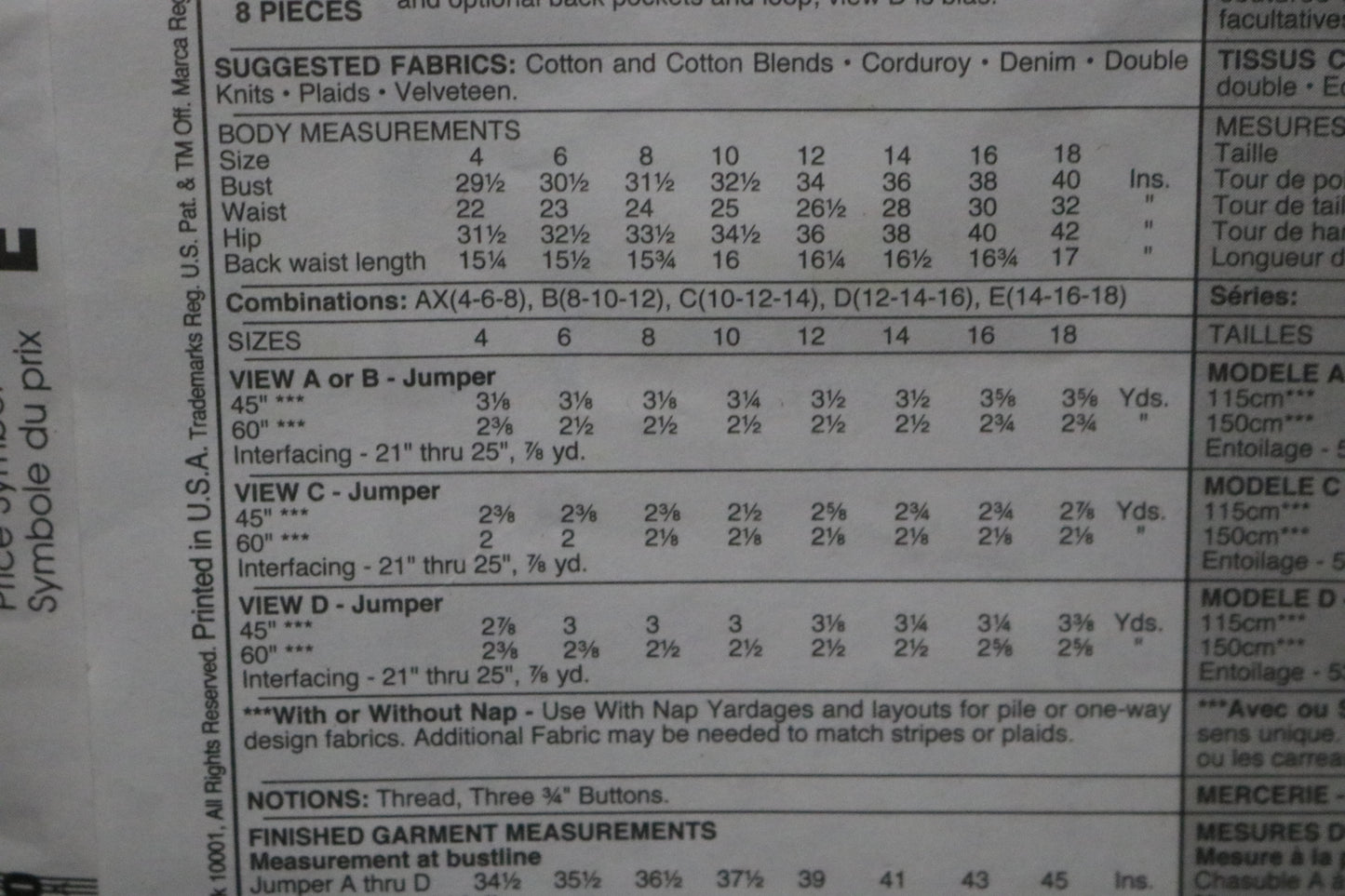 McCalls 9601  MIsses Jumper Sewing Pattern - UNCUT - Size 8 10 12