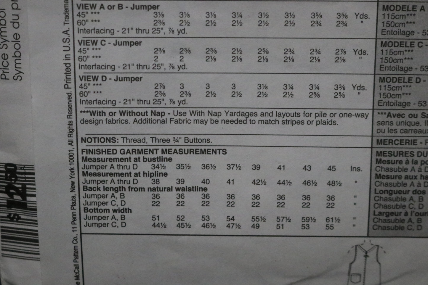 McCalls 9601  MIsses Jumper Sewing Pattern - UNCUT - Size 8 10 12