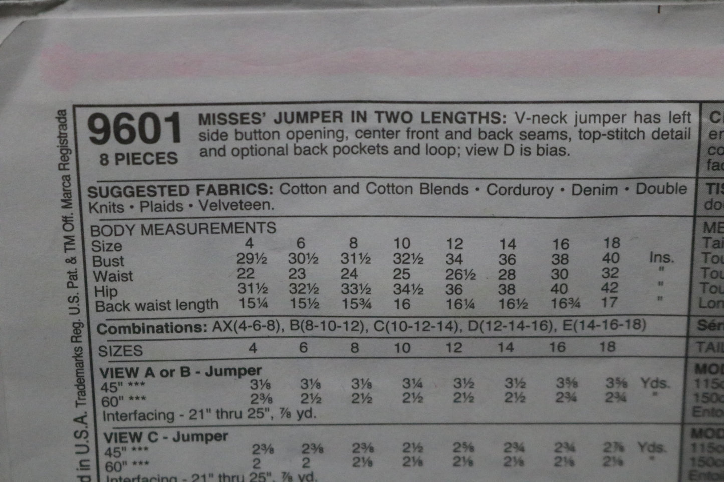 McCalls 9601  MIsses Jumper Sewing Pattern - UNCUT - Size 8 10 12