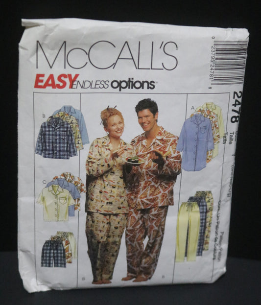 McCalls 2478  Misses, Men's and Teen Boys Nightshirt or Top , Pull on Pants or Shorts Sewing Pattern  UNCUT Size Sml Med Lrg