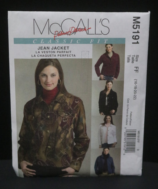 McCalls 5191 Palmer Pletsch Misses Classic Fit Unlined Jean Jacket Sewing Pattern - UNCUT Size 16 18 20 22