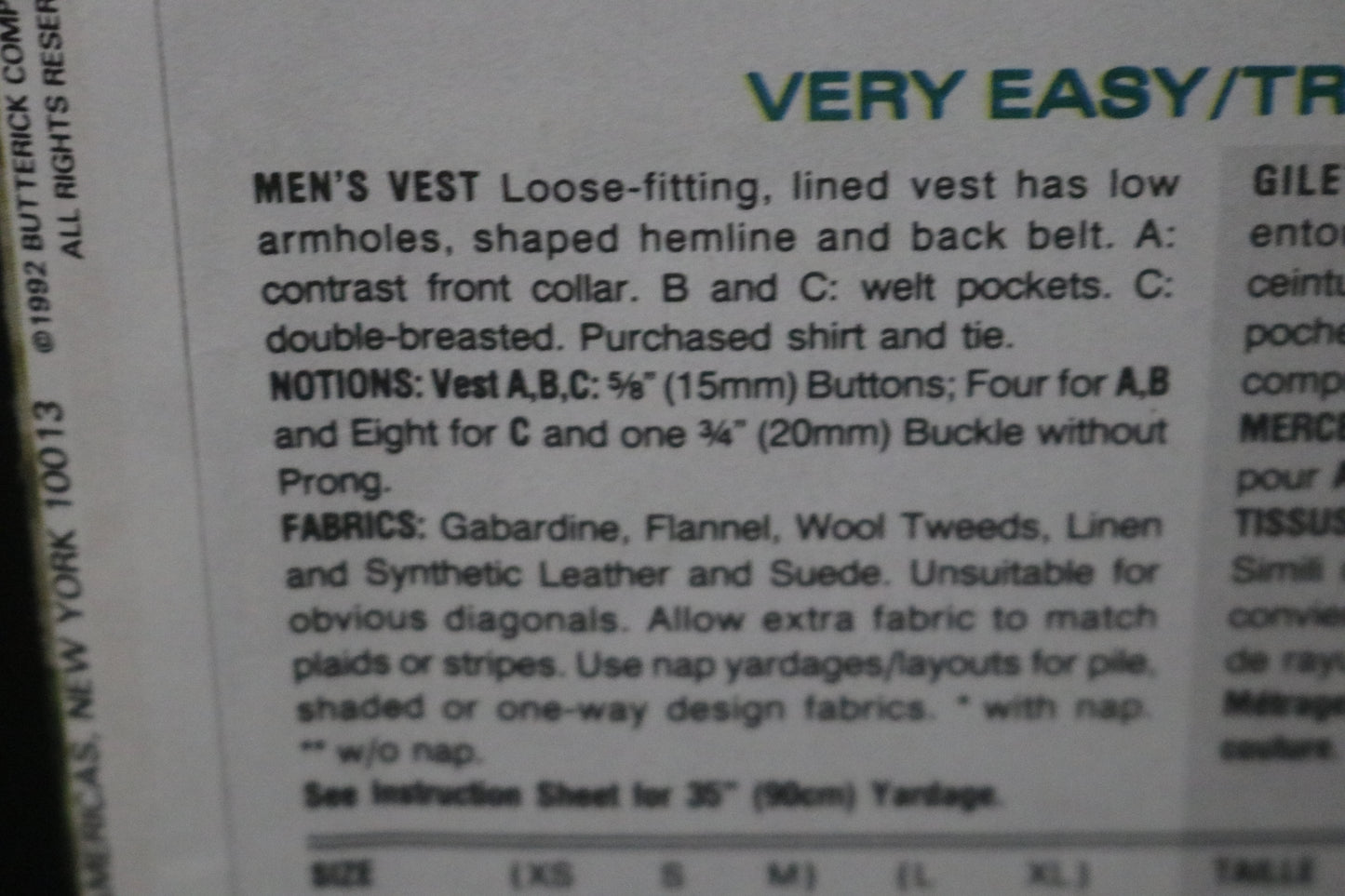 Vogue 8517 Men's Vest Sewing Pattern - UNCUT - Size L - XL