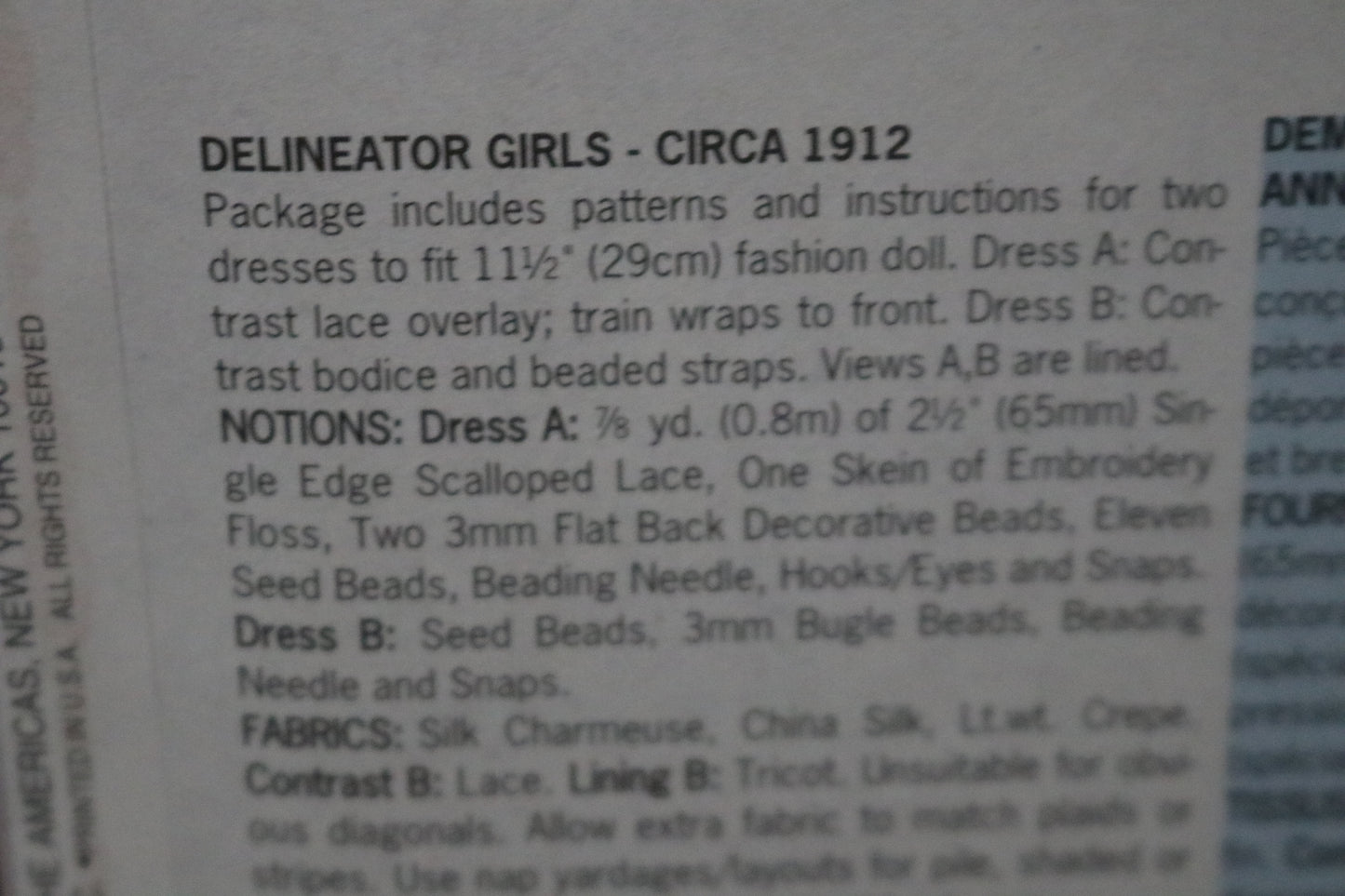 Butterick 3057 Delineator Girls Circa 1912  11 1/2" Fashion Doll Clothes Sewing Pattern  UNCUT