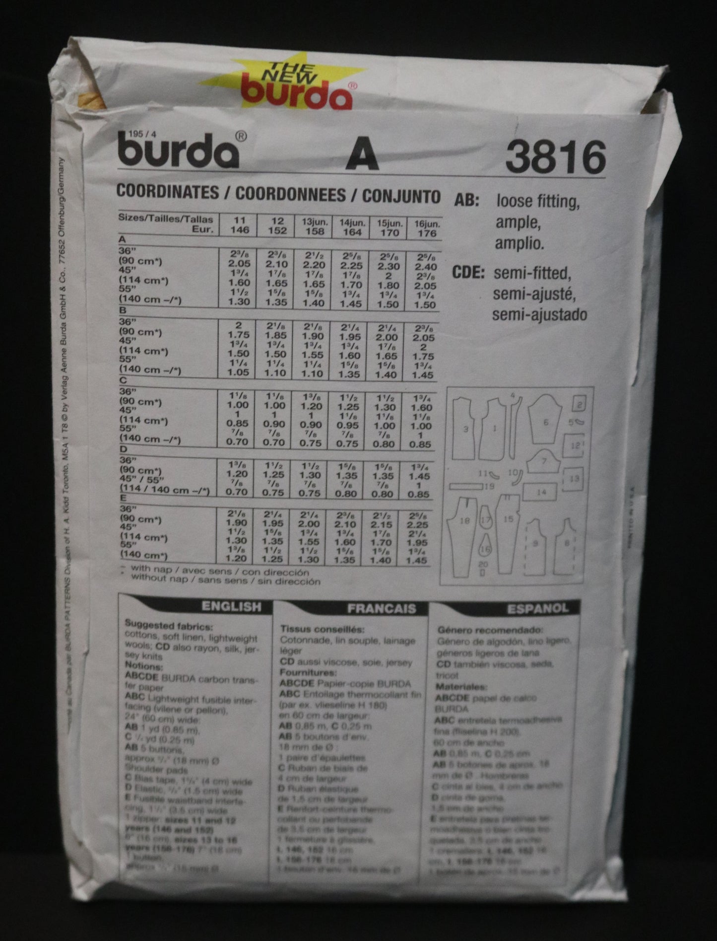 Burda 3816 Girls Jacket, Top , Skirt, and Pants Sewing Pattern - UNCUT - Size 11 12 13jun 14jun 15jun