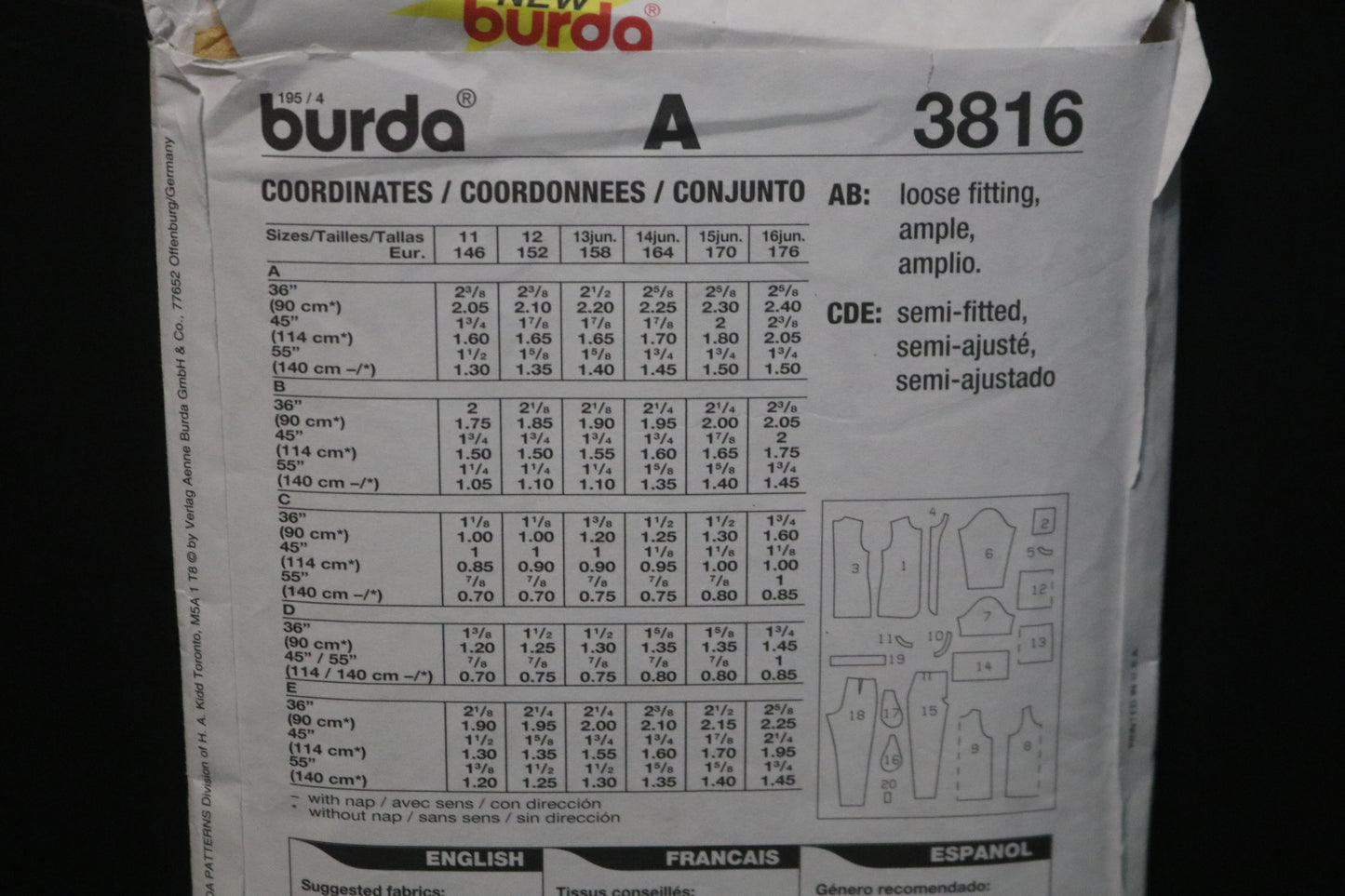 Burda 3816 Girls Jacket, Top , Skirt, and Pants Sewing Pattern - UNCUT - Size 11 12 13jun 14jun 15jun