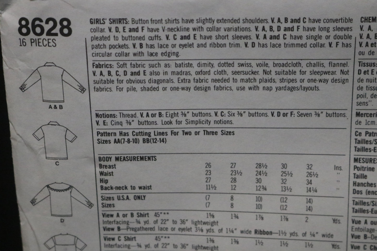 Simplicity 8628 Girls Shirt Sewing Pattern - UNCUT Size 12 -14