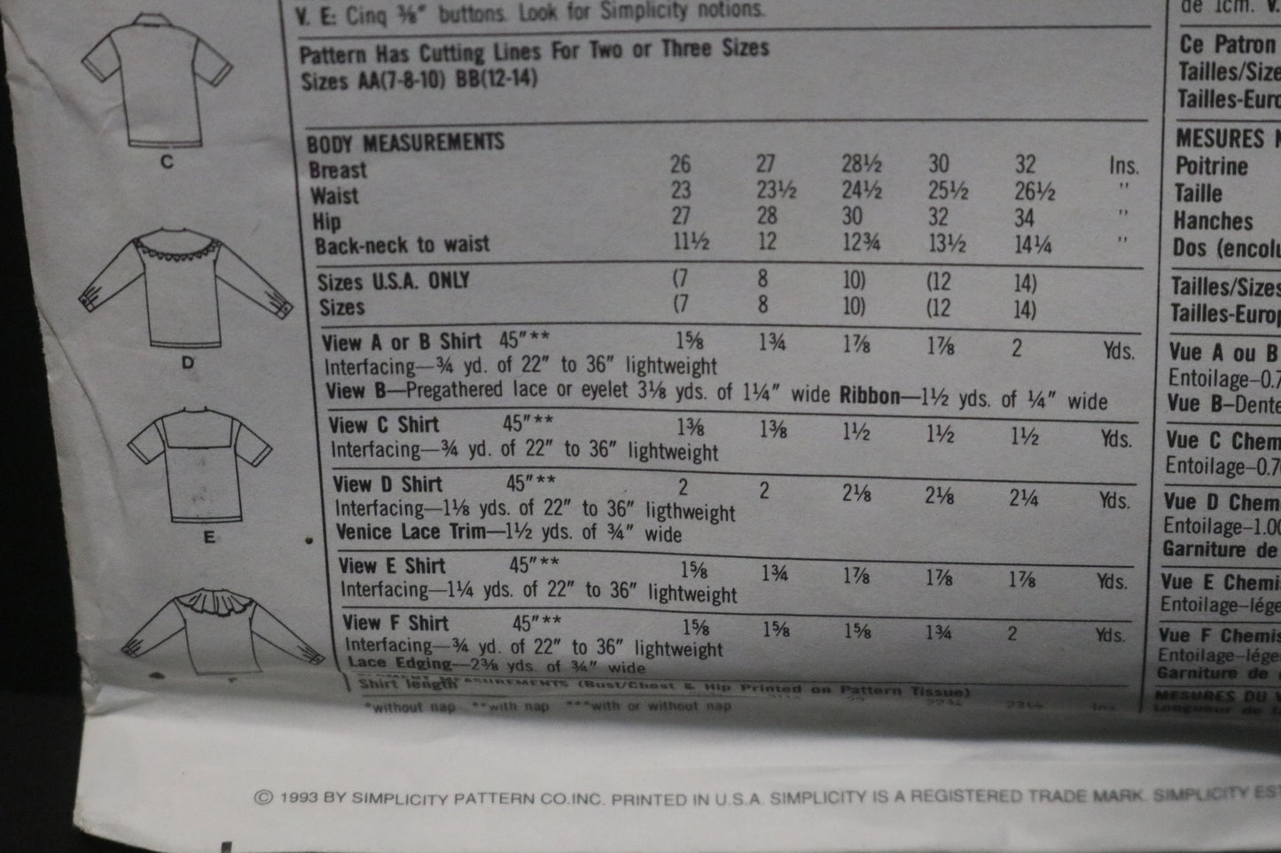 Simplicity 8628 Girls Shirt Sewing Pattern - UNCUT Size 12 -14