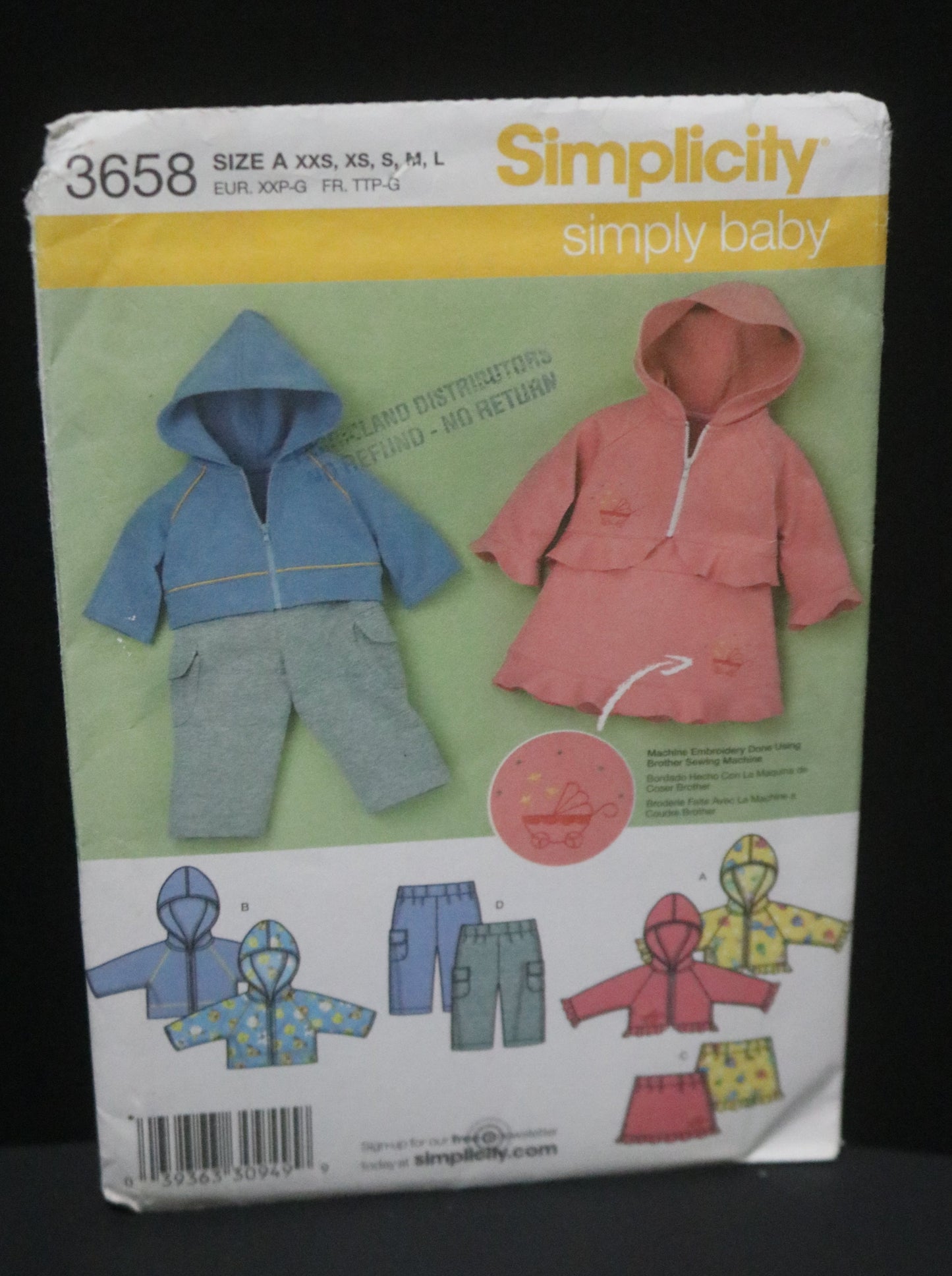 Simplicity 3658 Babies Knit Pants Skirt and Hooded Sweatshirt Sewing Pattern - UNCUT - Size Xxs XS S M L