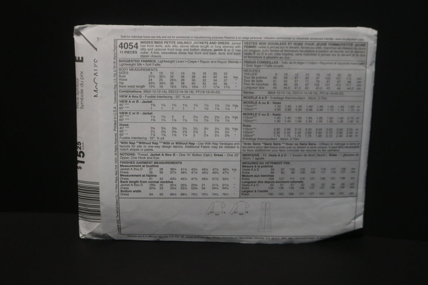 McCalls 4054 Misses / Miss Petite Unlined Jacket and Dress Sewing Pattern - UNCUT - Size 12 14 16