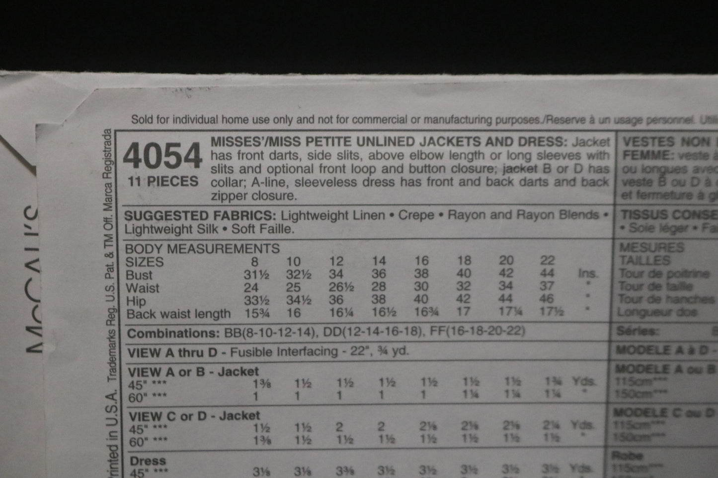 McCalls 4054 Misses / Miss Petite Unlined Jacket and Dress Sewing Pattern - UNCUT - Size 12 14 16