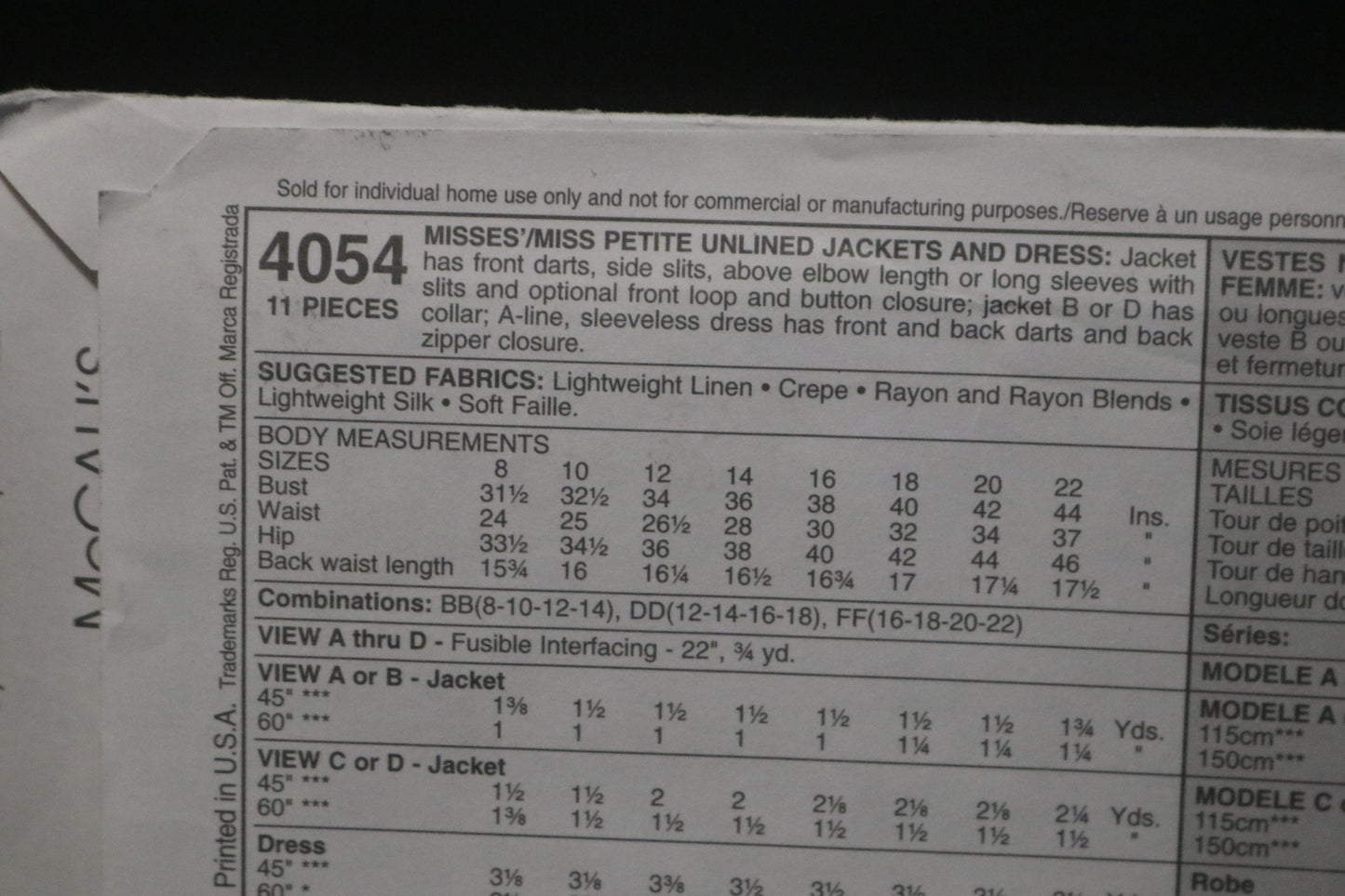 McCalls 4054 Misses / Miss Petite Unlined Jacket and Dress Sewing Pattern - UNCUT - Size 12 14 16