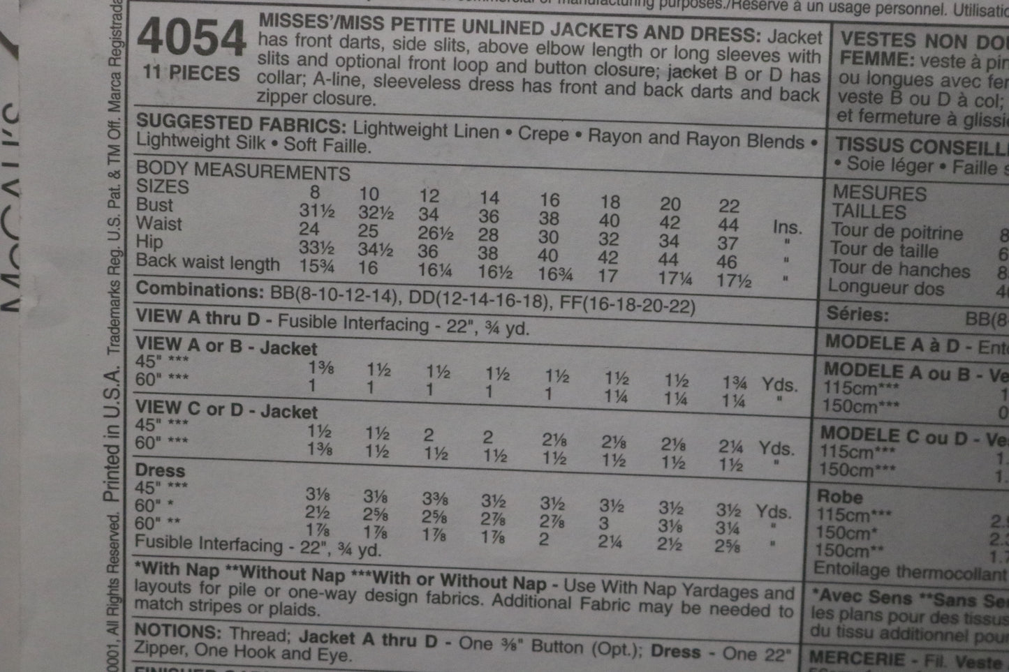 McCalls 4054 Misses / Miss Petite Unlined Jacket and Dress Sewing Pattern - UNCUT - Size 12 14 16