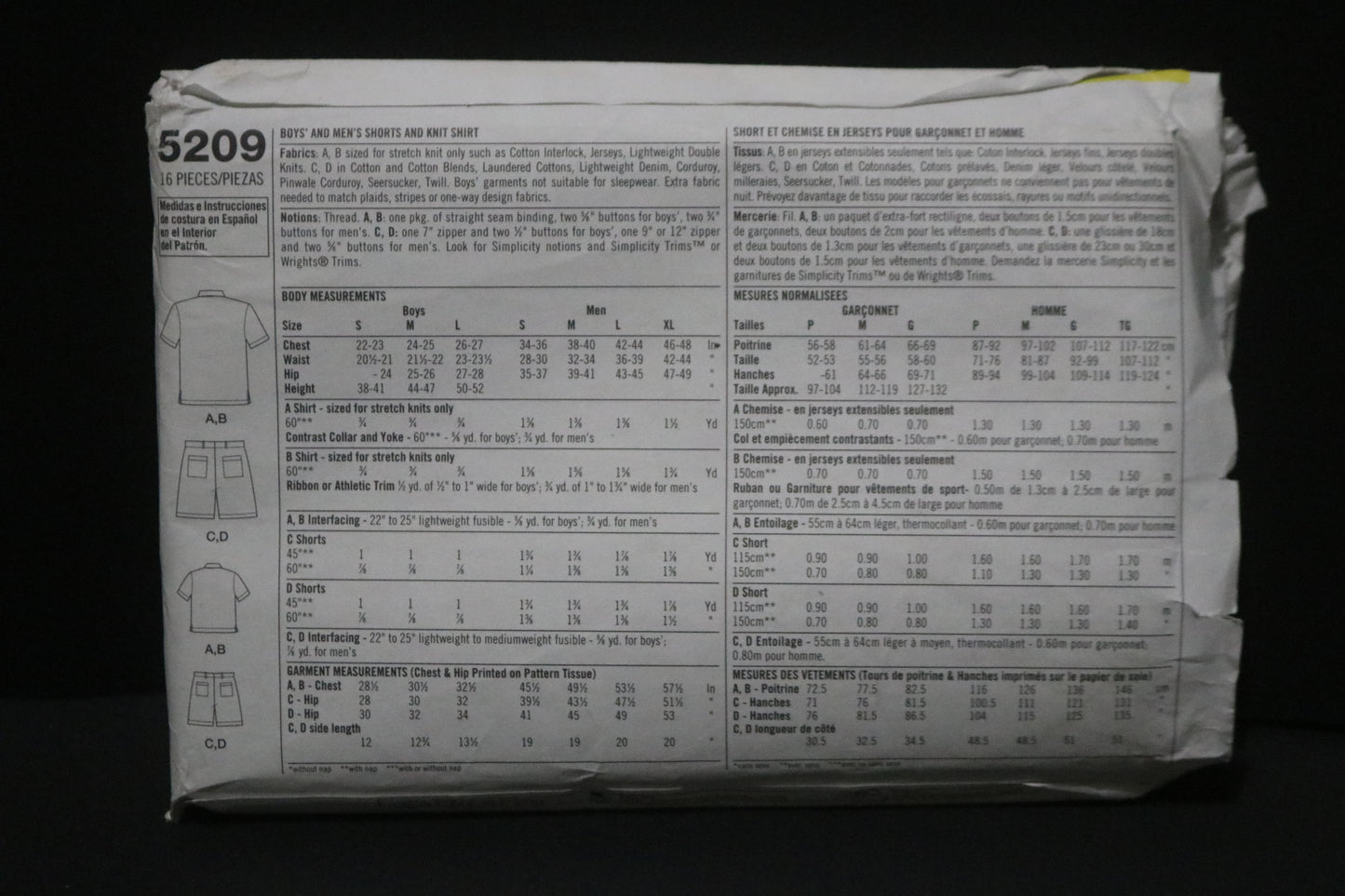 Simplicity 5209 Boys and Men's Shorts and Knit Shirt Sewing Pattern UNCUT Boys Size S M L Mens Size S M L XL