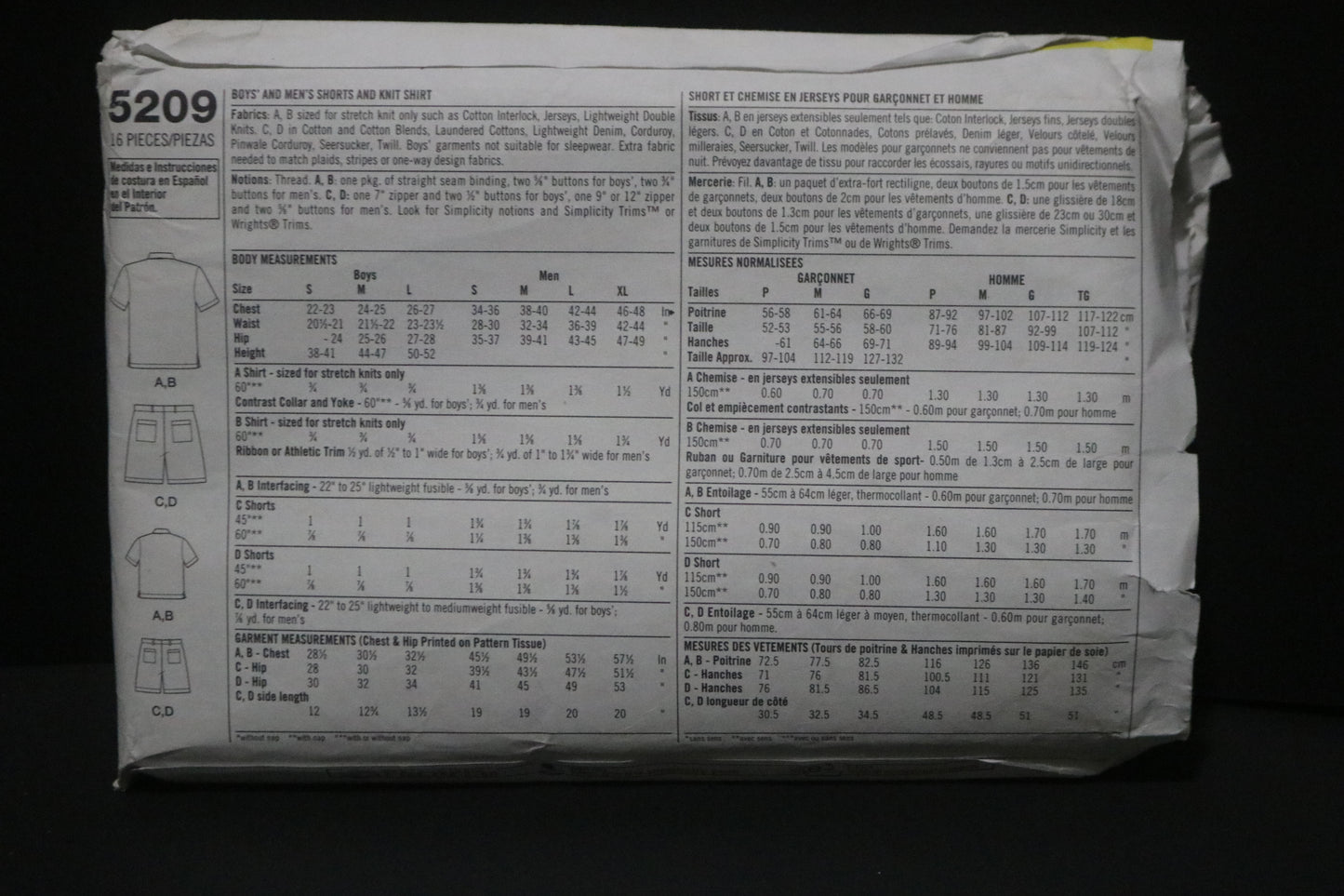 Simplicity 5209 Boys and Men's Shorts and Knit Shirt Sewing Pattern UNCUT Boys Size S M L Mens Size S M L XL