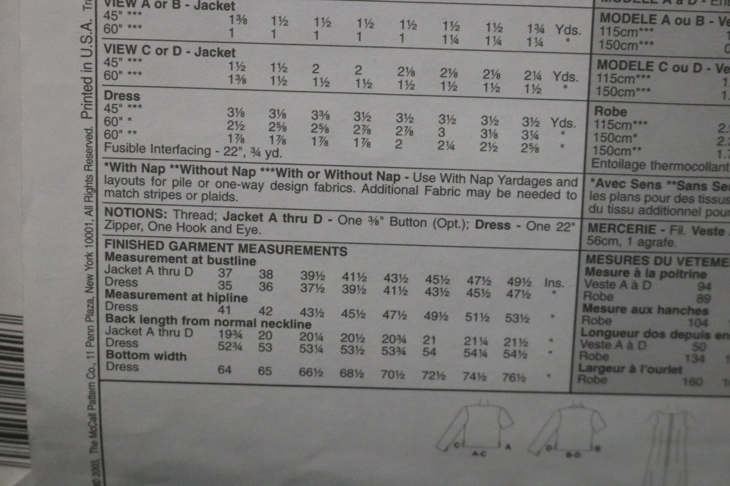 McCalls 4054 Misses / Miss Petite Unlined Jacket and Dress Sewing Pattern - UNCUT - Size 12 14 16