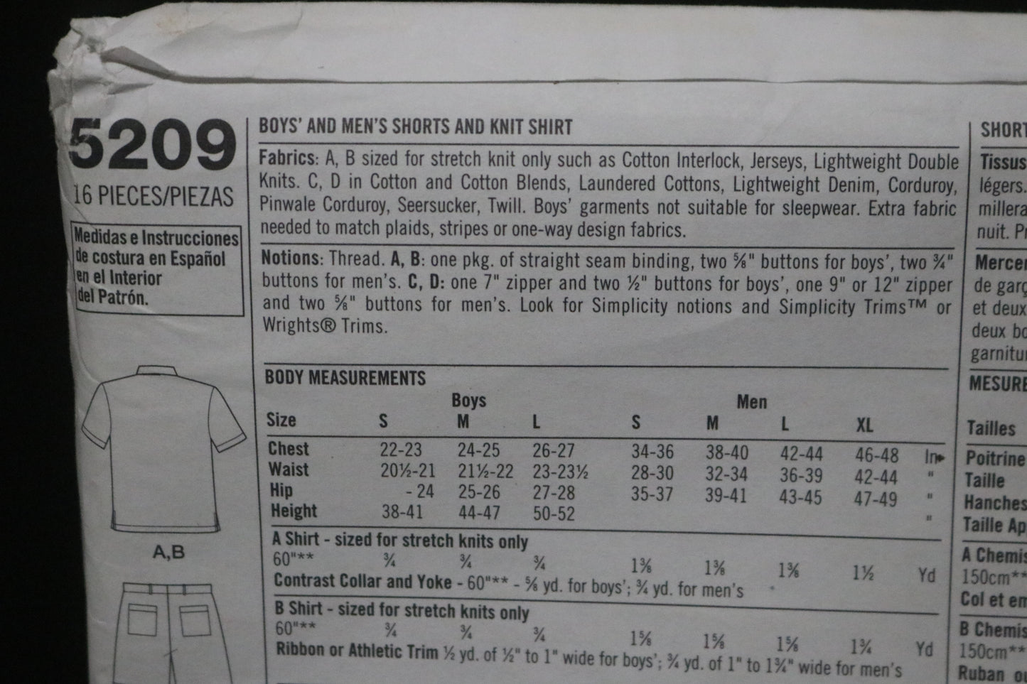 Simplicity 5209 Boys and Men's Shorts and Knit Shirt Sewing Pattern UNCUT Boys Size S M L Mens Size S M L XL