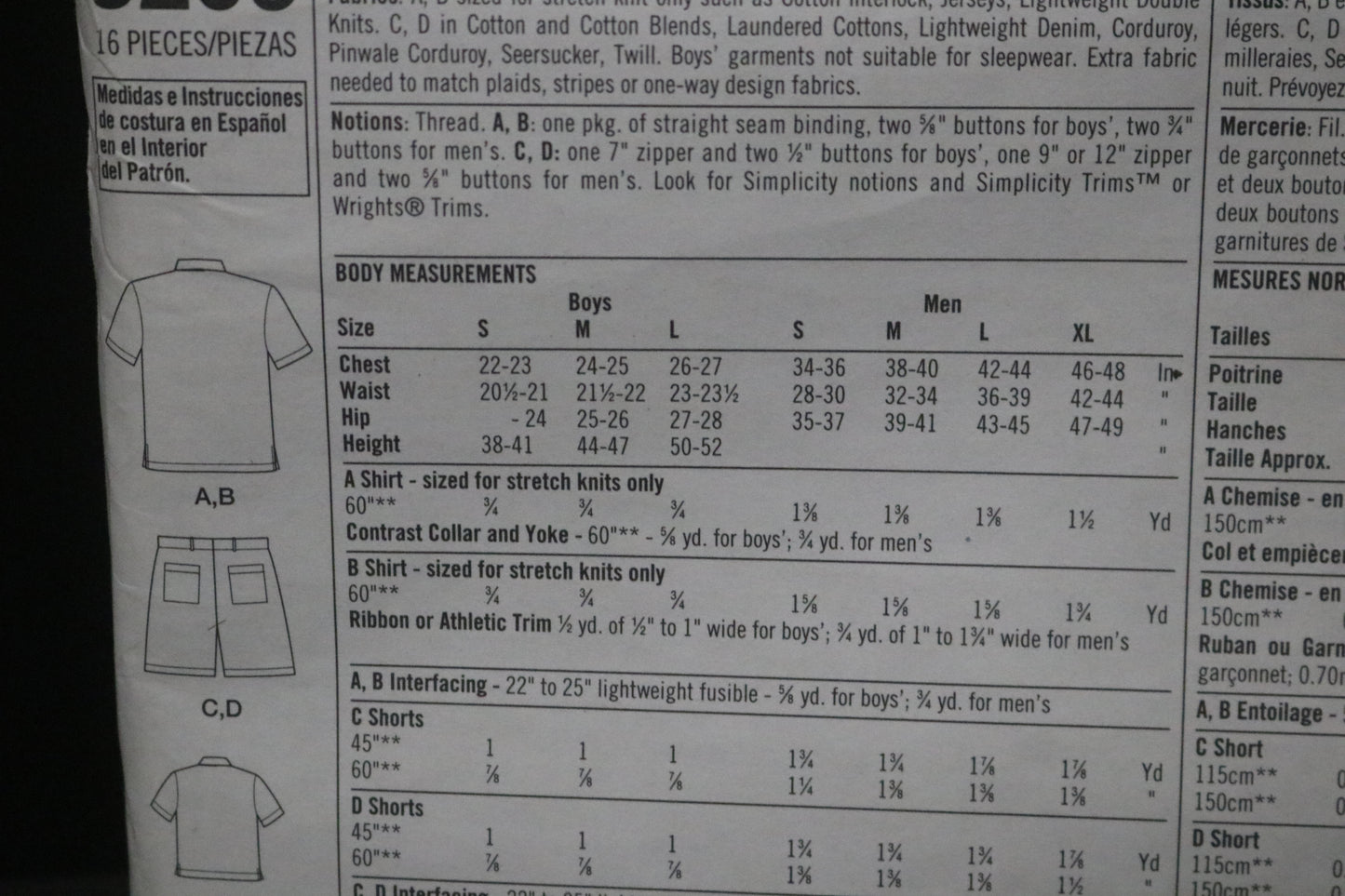 Simplicity 5209 Boys and Men's Shorts and Knit Shirt Sewing Pattern UNCUT Boys Size S M L Mens Size S M L XL