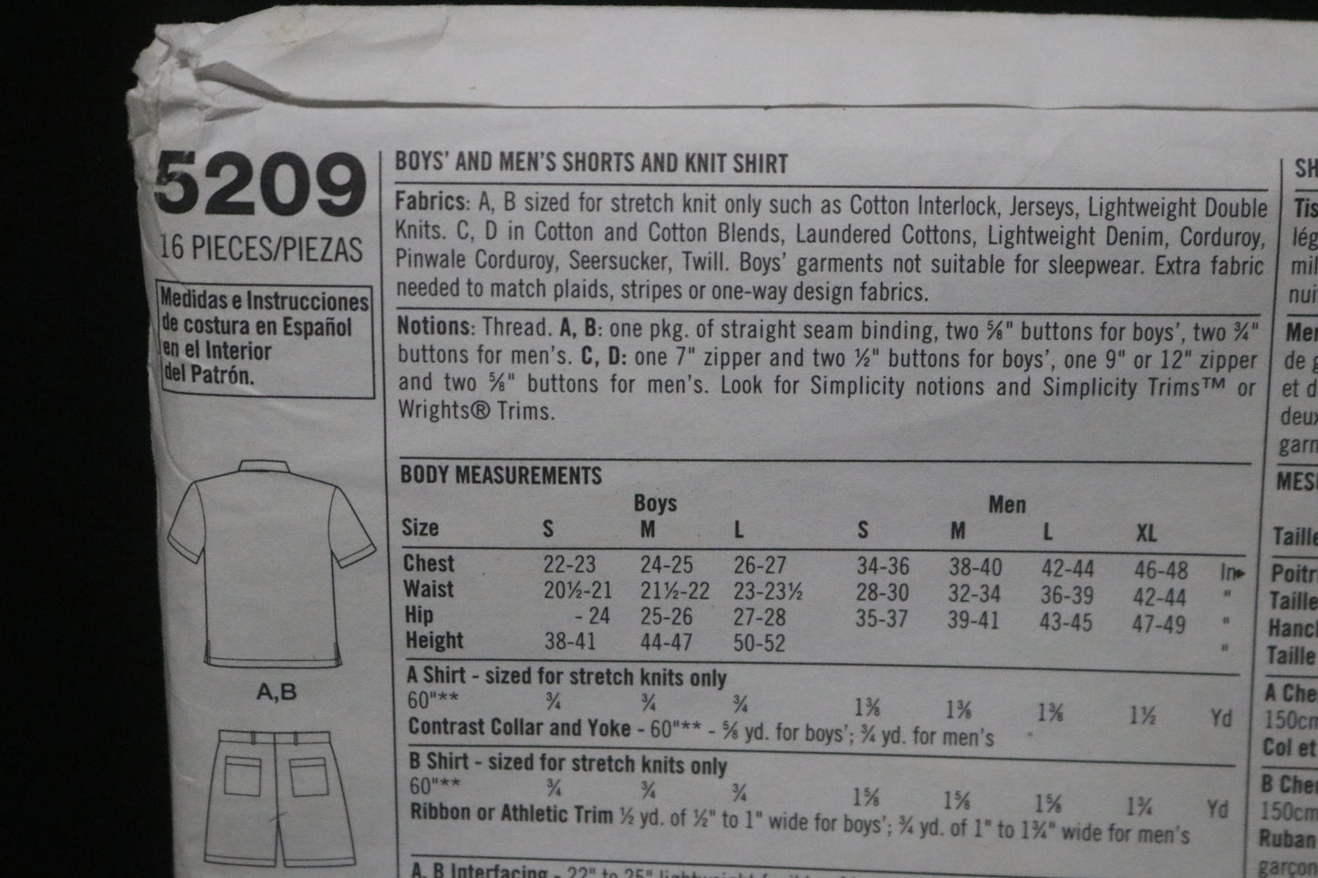 Simplicity 5209 Boys and Men's Shorts and Knit Shirt Sewing Pattern UNCUT Boys Size S M L Mens Size S M L XL