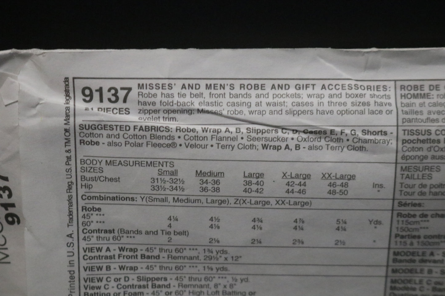 McCalls 9137 Misses and Mens Robe and Gift Accessories Sewing Pattern - UNCUT  - Size Sml Med Lrg
