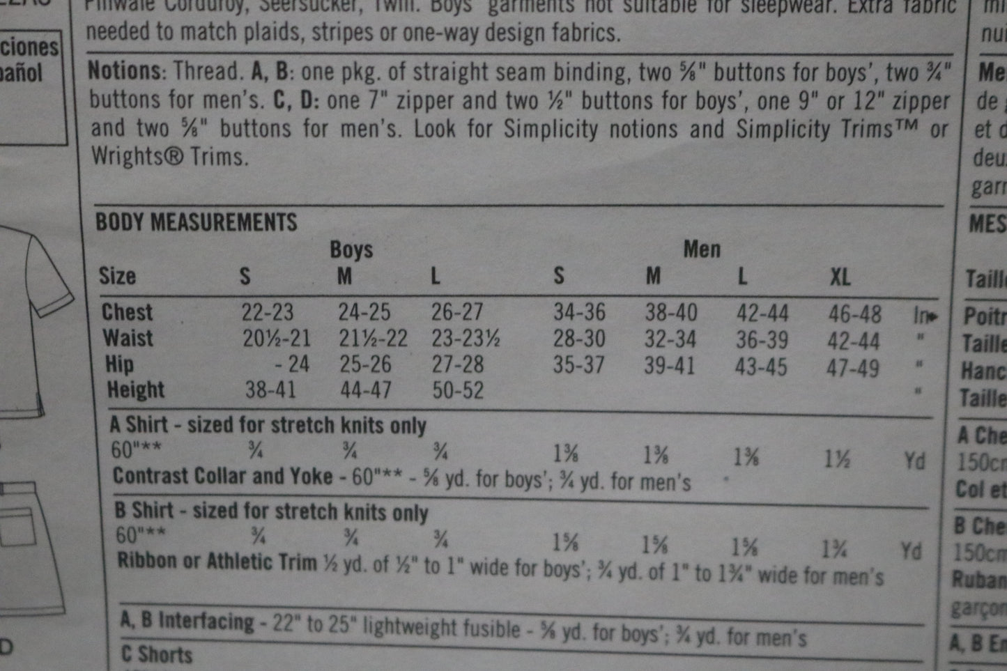 Simplicity 5209 Boys and Men's Shorts and Knit Shirt Sewing Pattern UNCUT Boys Size S M L Mens Size S M L XL