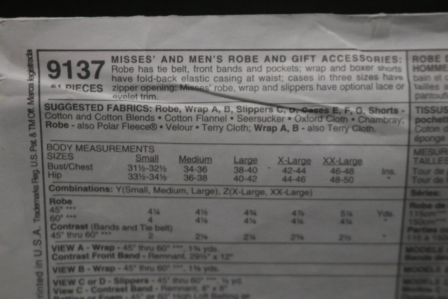 McCalls 9137 Misses and Mens Robe and Gift Accessories Sewing Pattern - UNCUT  - Size Sml Med Lrg
