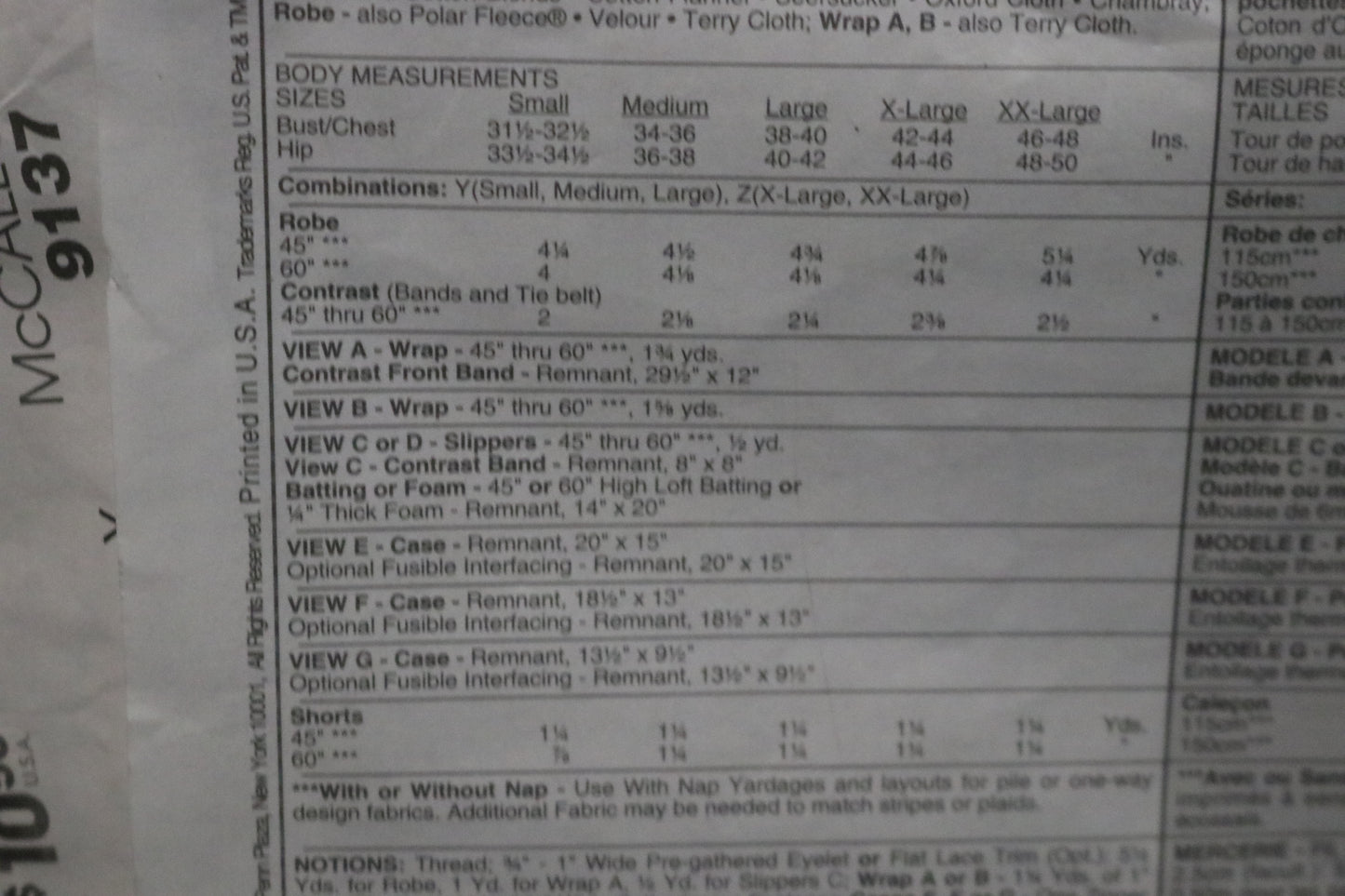 McCalls 9137 Misses and Mens Robe and Gift Accessories Sewing Pattern - UNCUT  - Size Sml Med Lrg