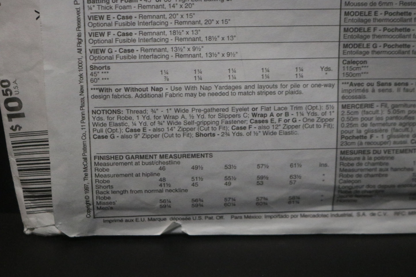 McCalls 9137 Misses and Mens Robe and Gift Accessories Sewing Pattern - UNCUT  - Size Sml Med Lrg