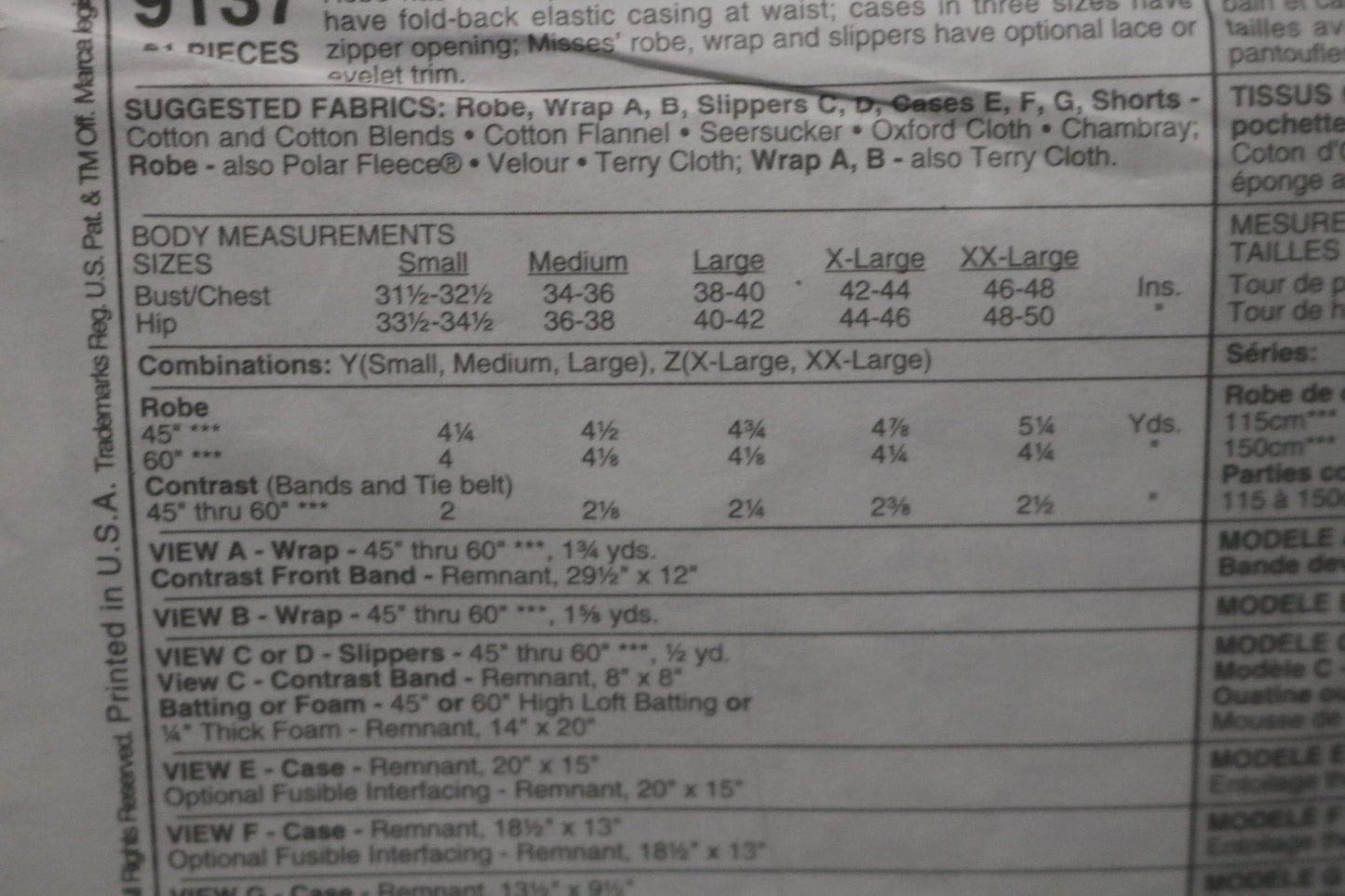 McCalls 9137 Misses and Mens Robe and Gift Accessories Sewing Pattern - UNCUT  - Size Sml Med Lrg