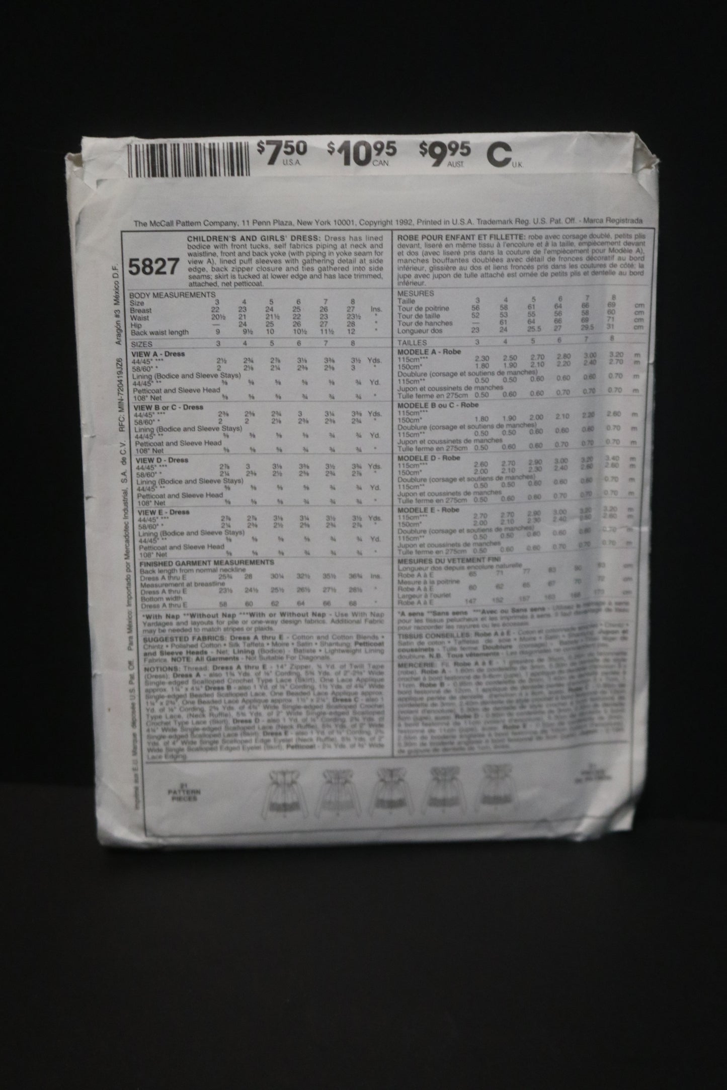 McCalls 5827 Children's Girls Dress Sewing Pattern UNCUT Size 6