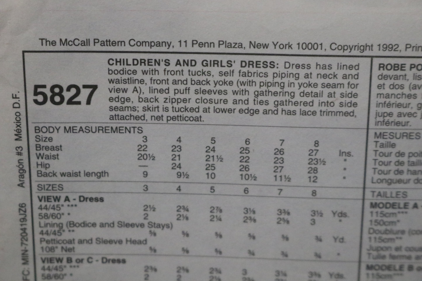 McCalls 5827 Children's Girls Dress Sewing Pattern UNCUT Size 6