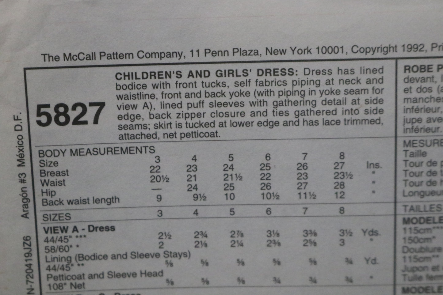 McCalls 5827 Children's Girls Dress Sewing Pattern UNCUT Size 6