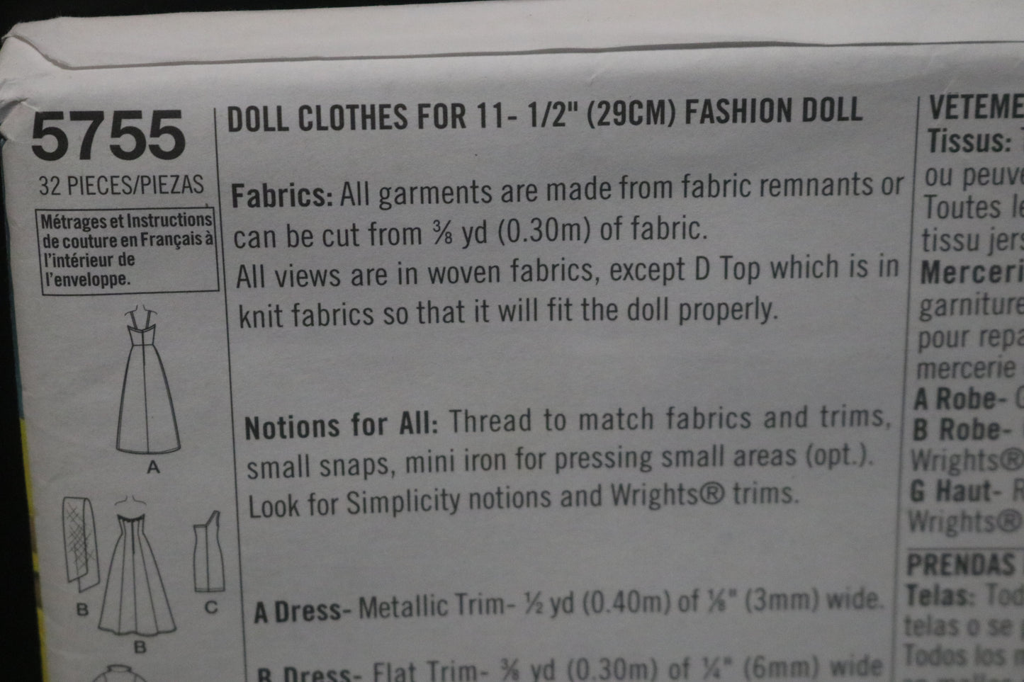 Simplcity 5755 11 1/2" Fashion Doll Clothes  UNCUT