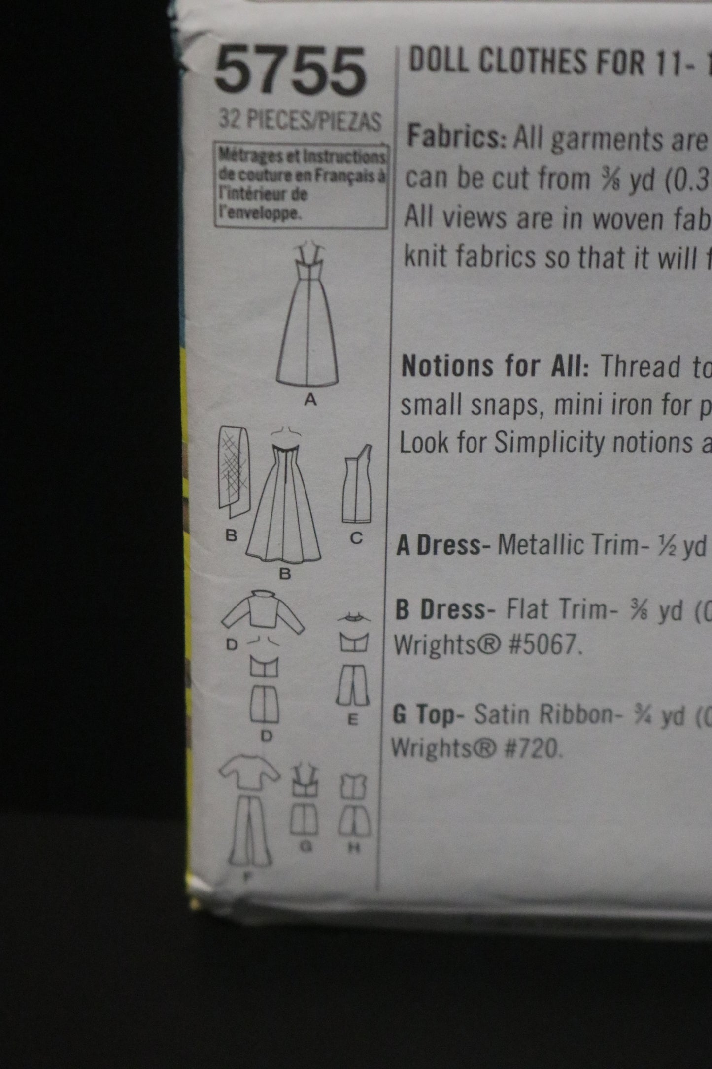 Simplcity 5755 11 1/2" Fashion Doll Clothes  UNCUT