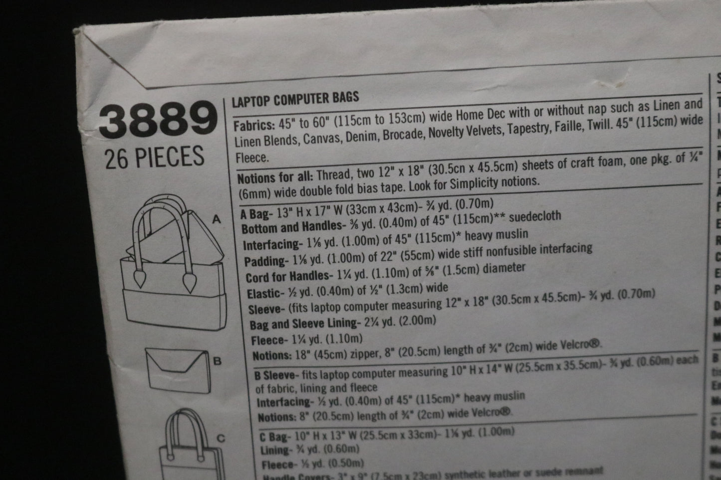 Simplicity 3889 Andrea Schewe Laptop Computer Bags Sewing Pattern - UNCUT