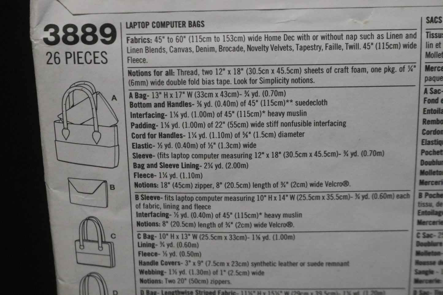 Simplicity 3889 Andrea Schewe Laptop Computer Bags Sewing Pattern - UNCUT