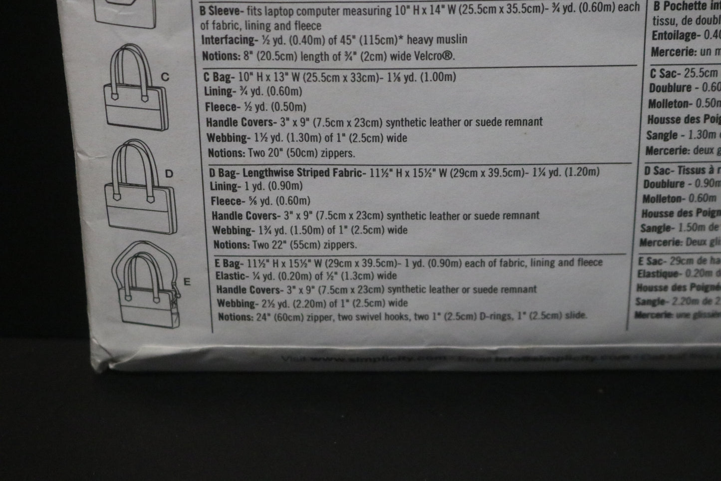 Simplicity 3889 Andrea Schewe Laptop Computer Bags Sewing Pattern - UNCUT