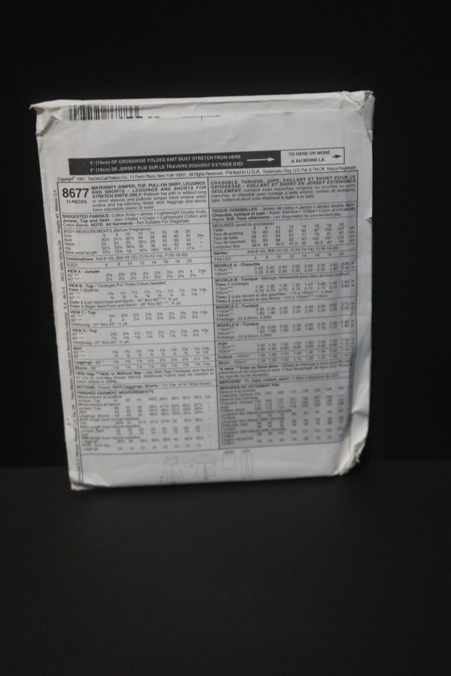 McCalls 8677 Maternity Jumper , Top, Pull on Skirt, Leggings and Shorts Sewing Pattern UNCUT Size 10 12 14