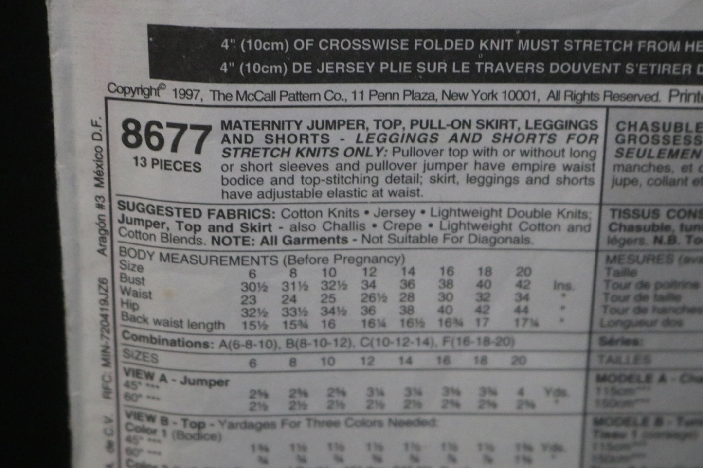 McCalls 8677 Maternity Jumper , Top, Pull on Skirt, Leggings and Shorts Sewing Pattern UNCUT Size 10 12 14