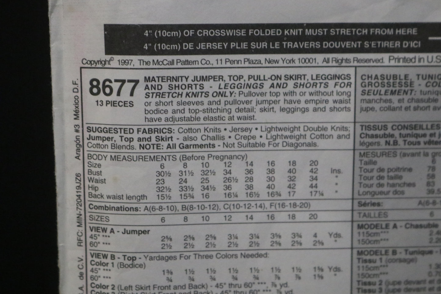 McCalls 8677 Maternity Jumper , Top, Pull on Skirt, Leggings and Shorts Sewing Pattern UNCUT Size 10 12 14