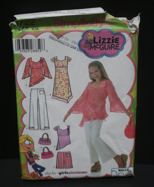 Simplicity 4722 Lizzie McGuire Girls Bias Dres or Tunic Pants or Shorts and Purse Sewing Pattern - UNCUT Size 8 - 16