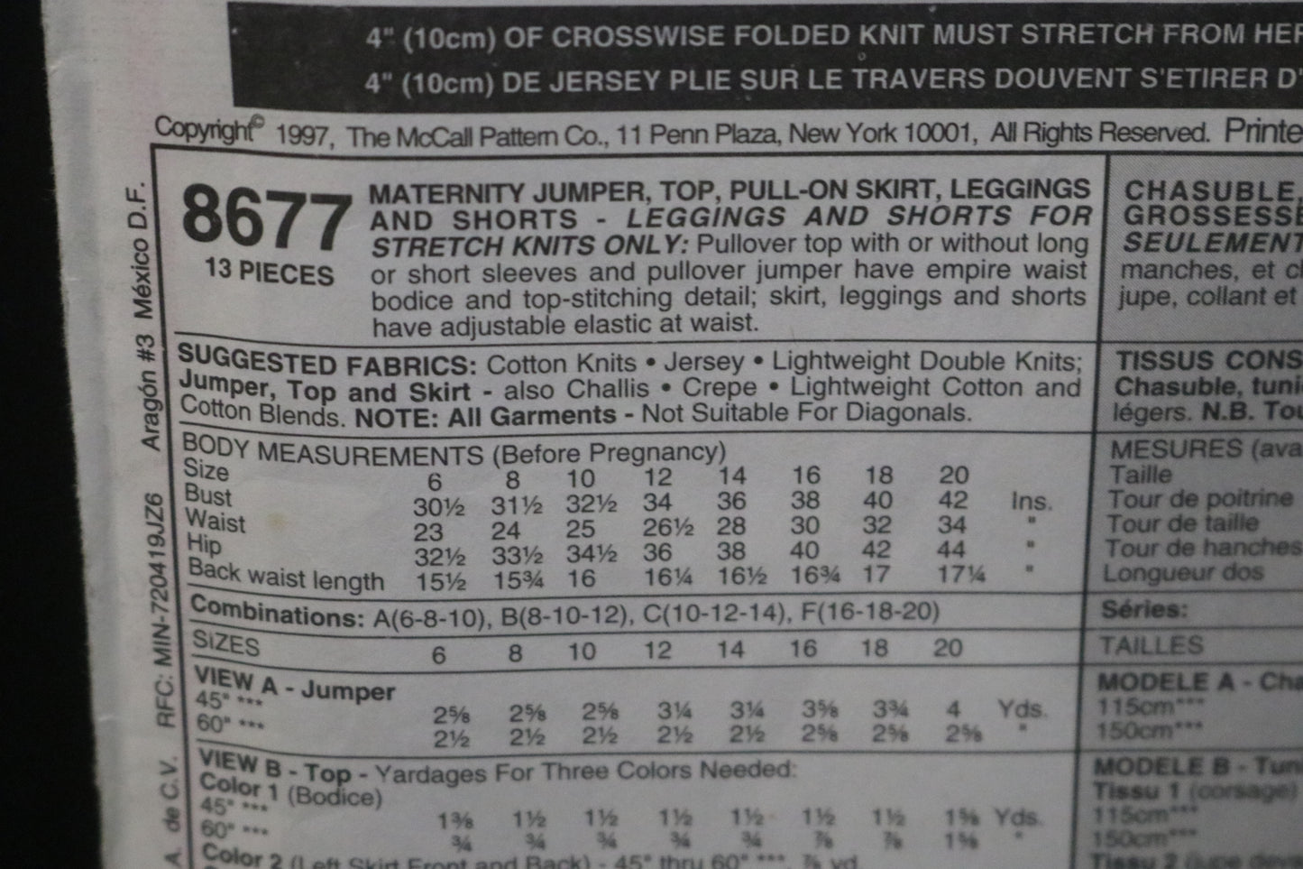 McCalls 8677 Maternity Jumper , Top, Pull on Skirt, Leggings and Shorts Sewing Pattern UNCUT Size 10 12 14