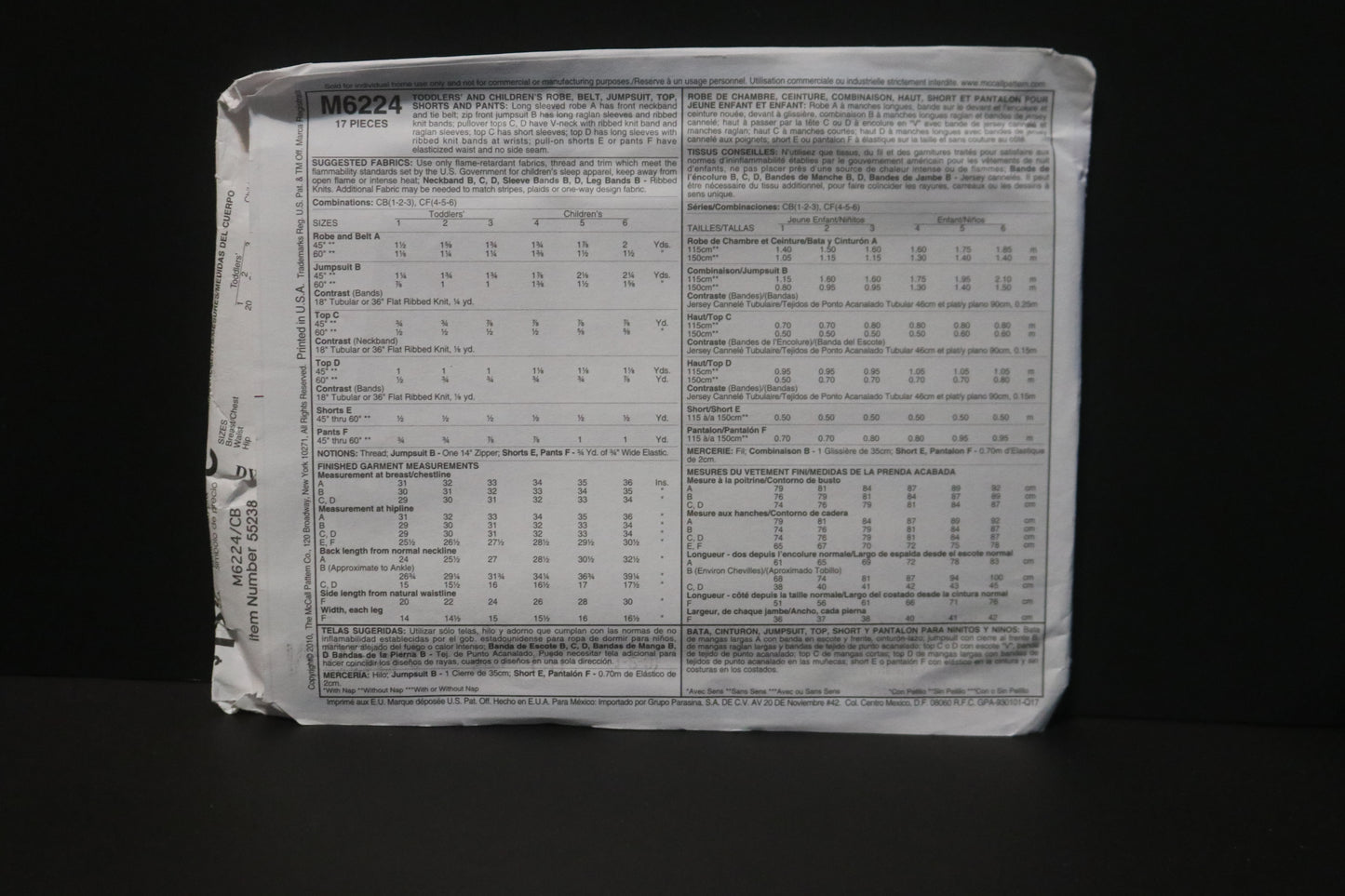 McCalls 6224 Children's Boys and Girls Robe Belt Jumpsuit Top Shorts and Pants Sewing Pattern UNCUT Size 1 2 3 or Size 4 5 6