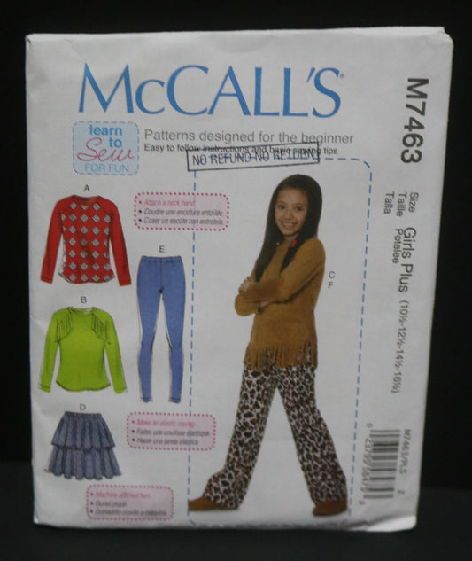 McCalls 7463 Girls Plus Tops Skirt Leggings and Pants Sewing Pattern UNCUT Size 10 1/2 12 1/2 14 1/2 16 1/2