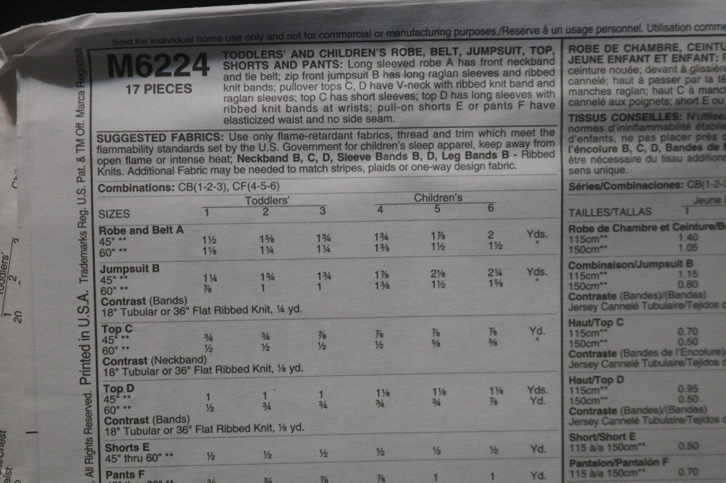McCalls 6224 Children's Boys and Girls Robe Belt Jumpsuit Top Shorts and Pants Sewing Pattern UNCUT Size 1 2 3 or Size 4 5 6