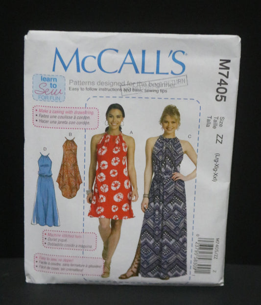 McCalls 7405  Misses Gathered Neckline Dresses amd Belt Sewing Pattern - UNCUT - Size Lrg Xlg XXL