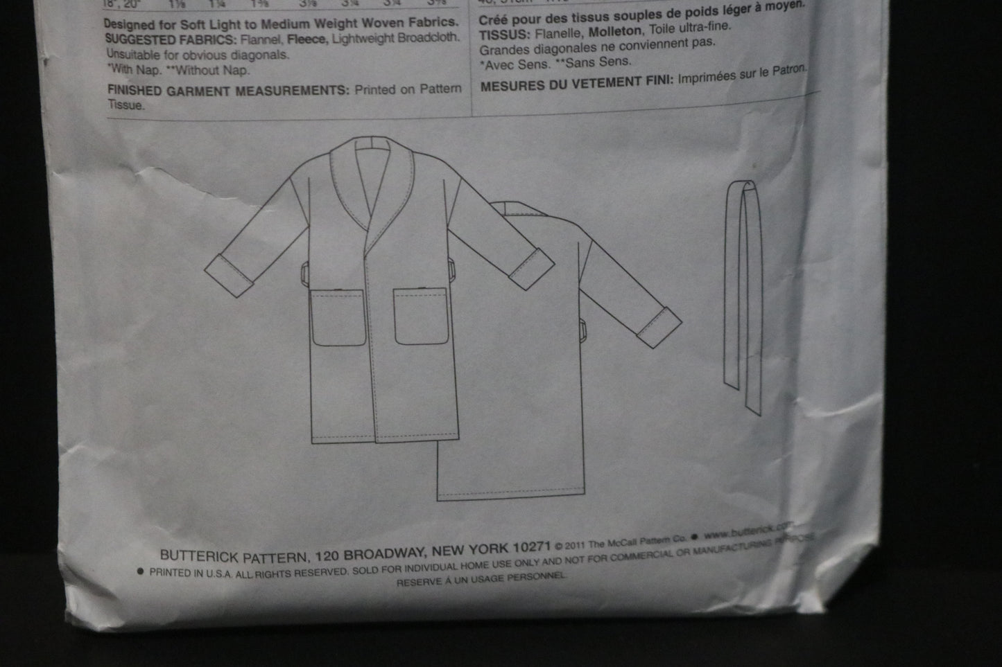 Butterick 5724 Misses . Mens Robe and Belt Sewing Pattern - UNCUT - Adult Size S M L XL