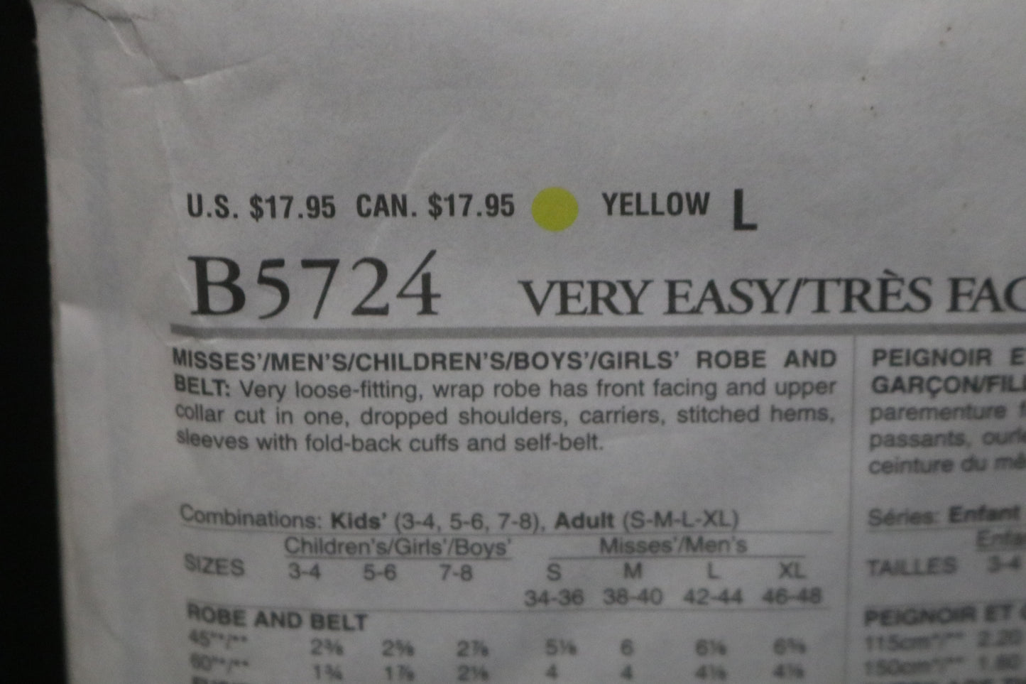 Butterick 5724 Misses . Mens Robe and Belt Sewing Pattern - UNCUT - Adult Size S M L XL